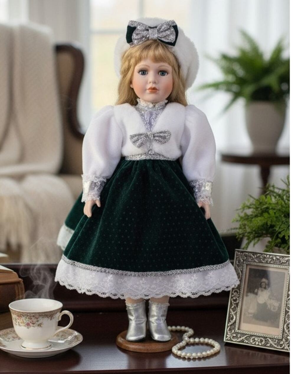 Winter Wonderland 22 Inch Porcelain Doll With Stand Collectible